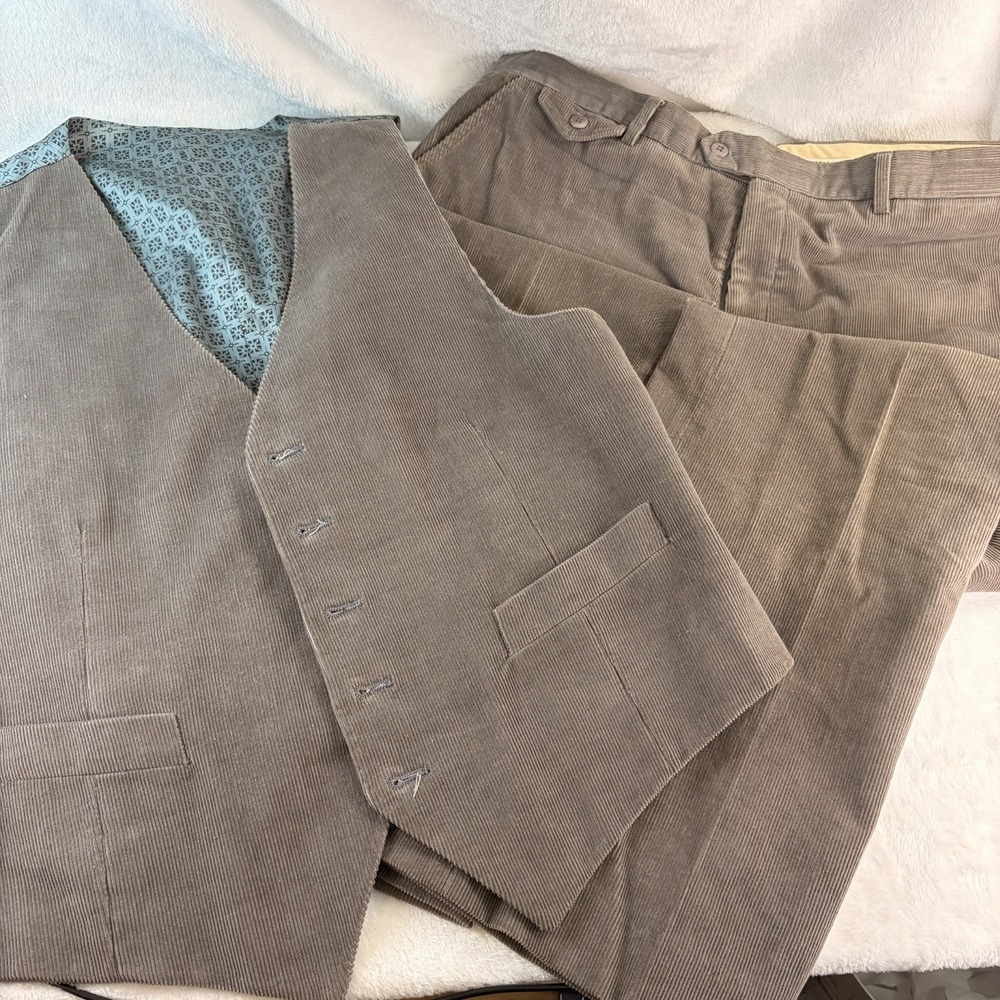Vtg 70s Mens Taupe Corduroy Suit Vest 42 Pants 36x29.5 Made in Poland Disco Boho